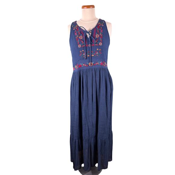 Umgee Maxi Dress Women Size Small Blue Embroidered Floral Tie Front Sleeveless - Picture 1 of 13